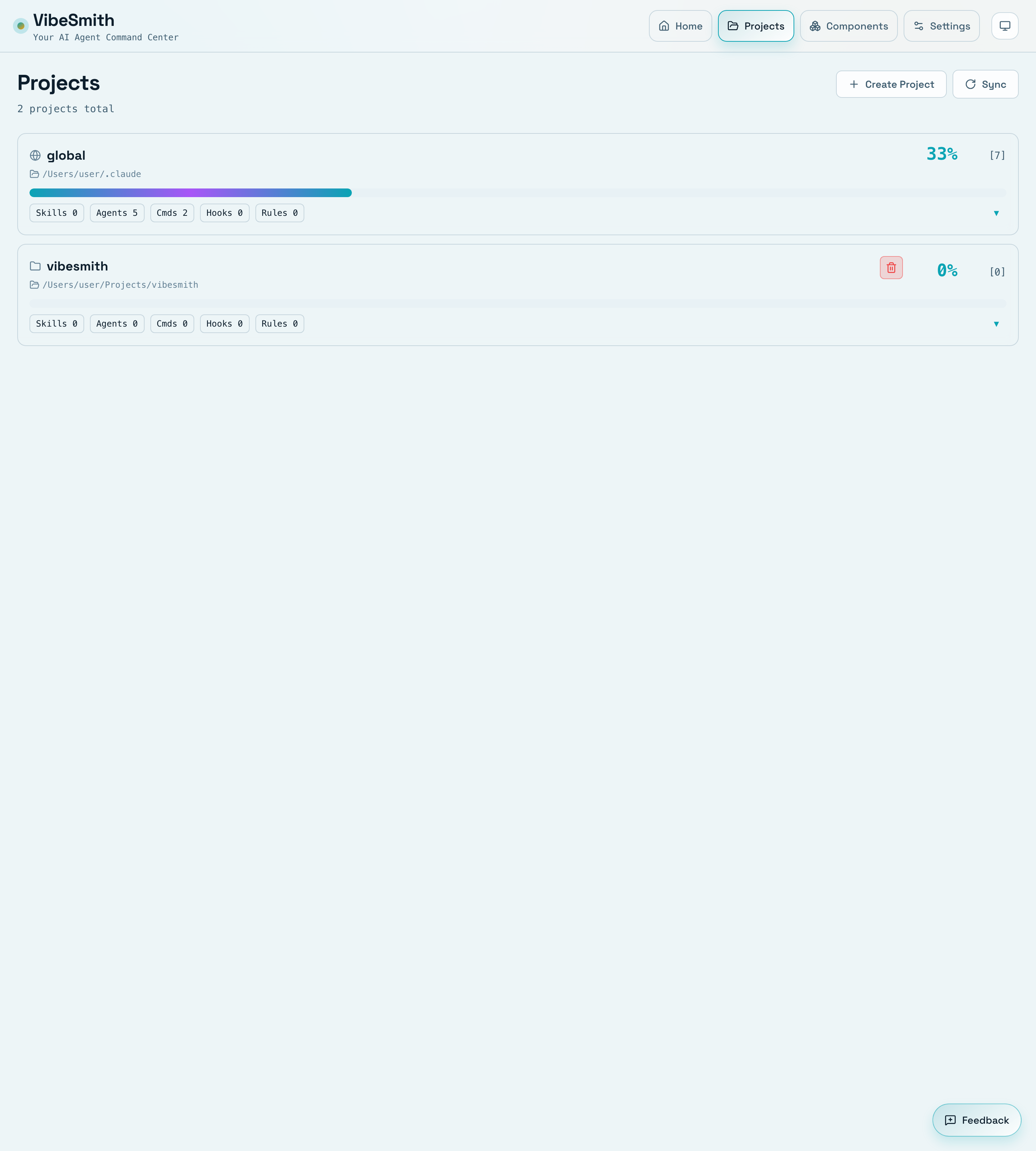 VibeSmith projects and scope panel